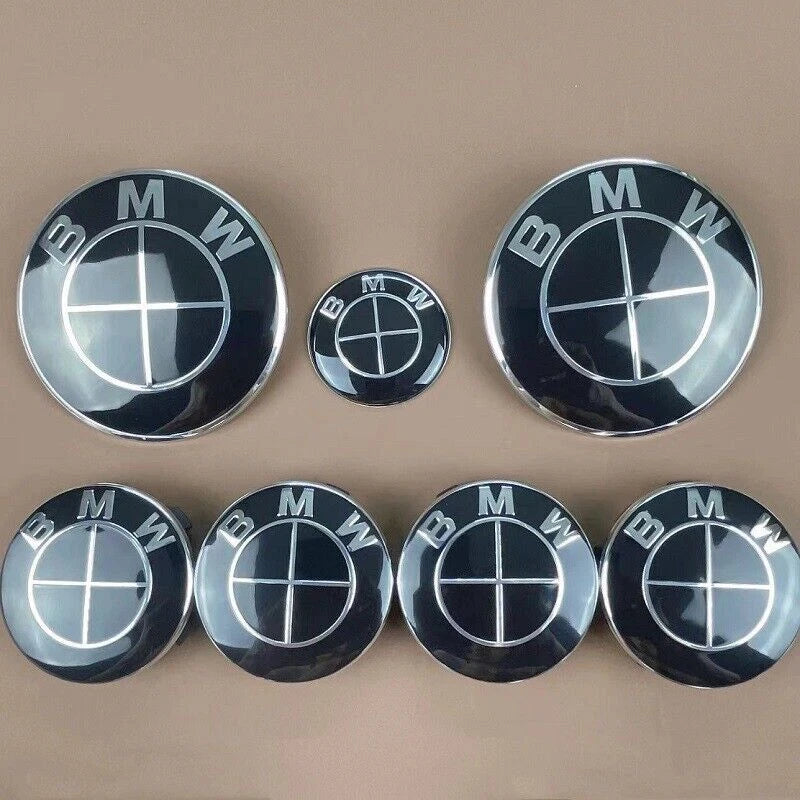 BMW Black 7Pcs Hood Trunk Emblem Centre Caps Badges Set 82mm 74mm 4x68mm 45mm 6