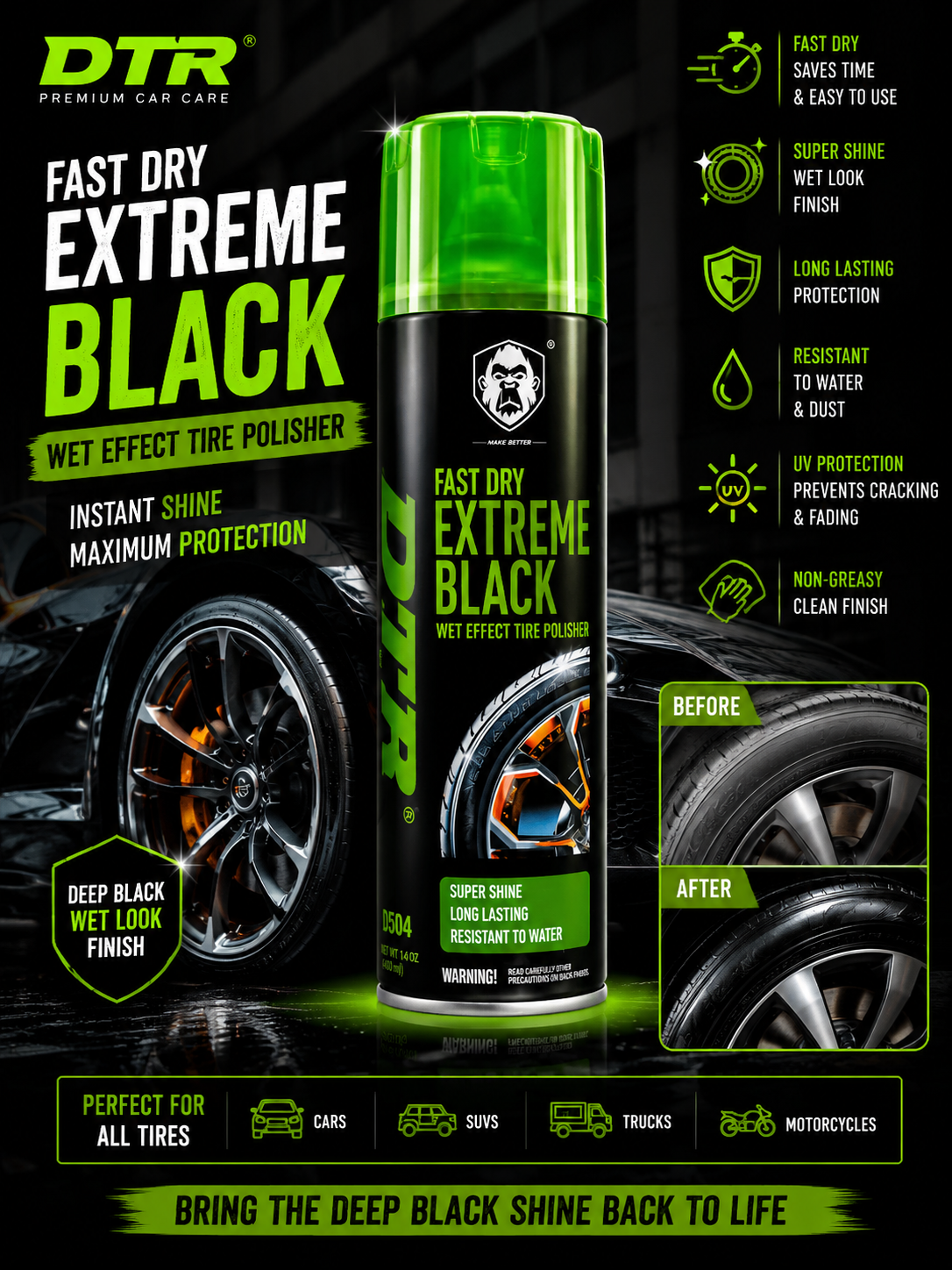 DTR Fast Dry Extreme Black Tire Shine Spray β Wet Look Tire Polisher 400ML