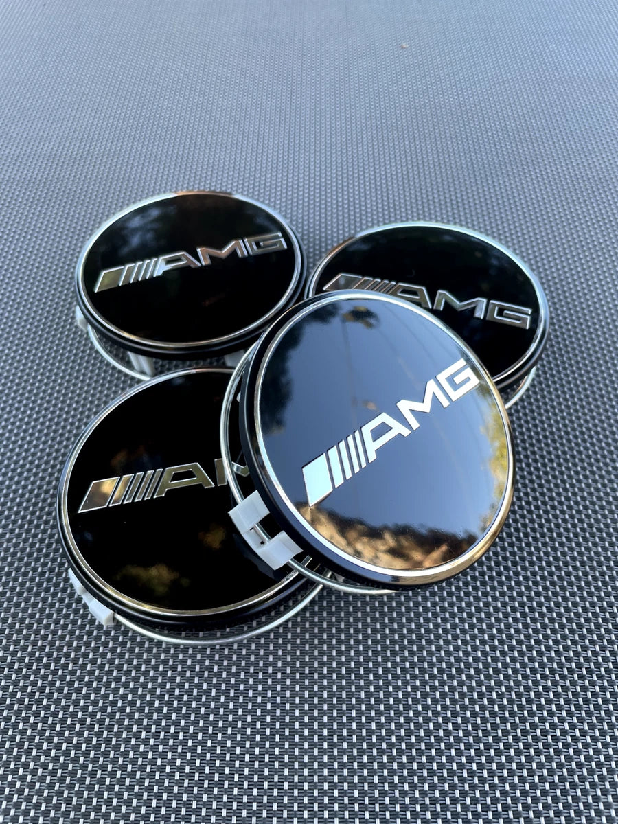 MERCEDES BENZ AMG SET OF 4 BLACK 75 mm/2.95in Wheel Center Caps Fits Most Models