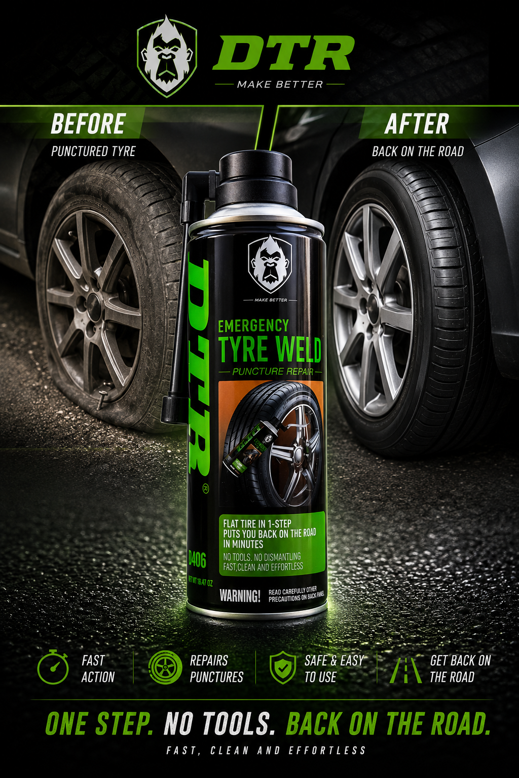 DTR Emergency Tyre Weld β Instant Flat Tire Repair & Inflator Spray 440ML