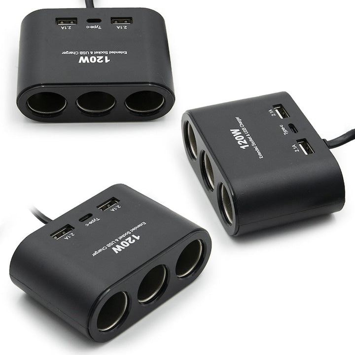 3-Socket Cigarette Lighter Adapter with 2 USB Ports