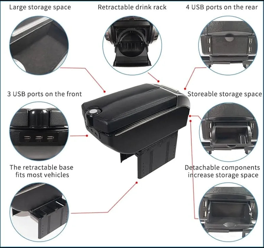 Luxury Leather Car Hand Rest Storage Hand Rest Car USB Ports Suitable for All Cars