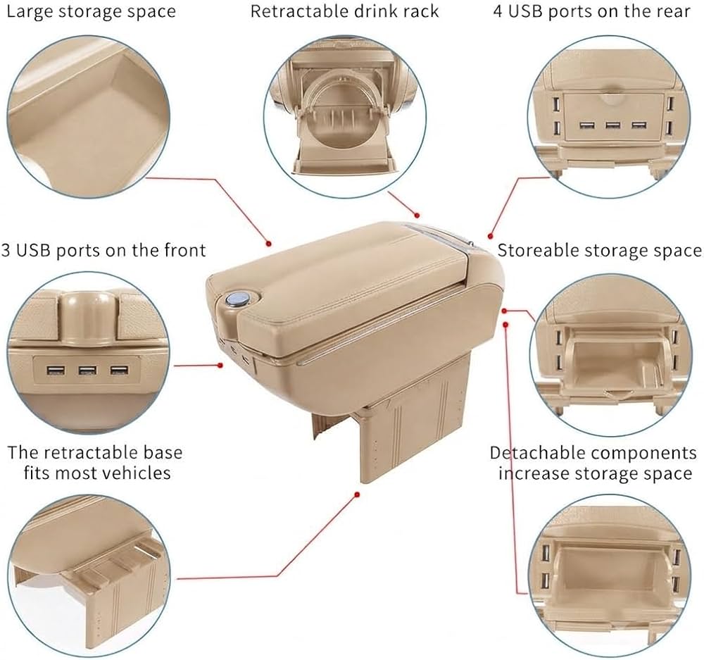 Luxury Leather Car Hand Rest Storage Hand Rest Car USB Ports Suitable for All Cars