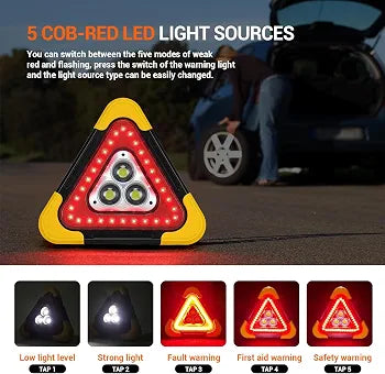Solar LED Car Warning Light, 2000mAh Solar Powered Car Warning Triangles with 4 Lighting Modes, Waterproof USB Rechargeable Emergency Roadside Lights for Traffic Warnings Roadblocks Field Rescue