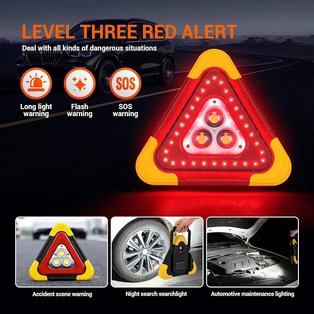 Solar LED Car Warning Light, 2000mAh Solar Powered Car Warning Triangles with 4 Lighting Modes, Waterproof USB Rechargeable Emergency Roadside Lights for Traffic Warnings Roadblocks Field Rescue