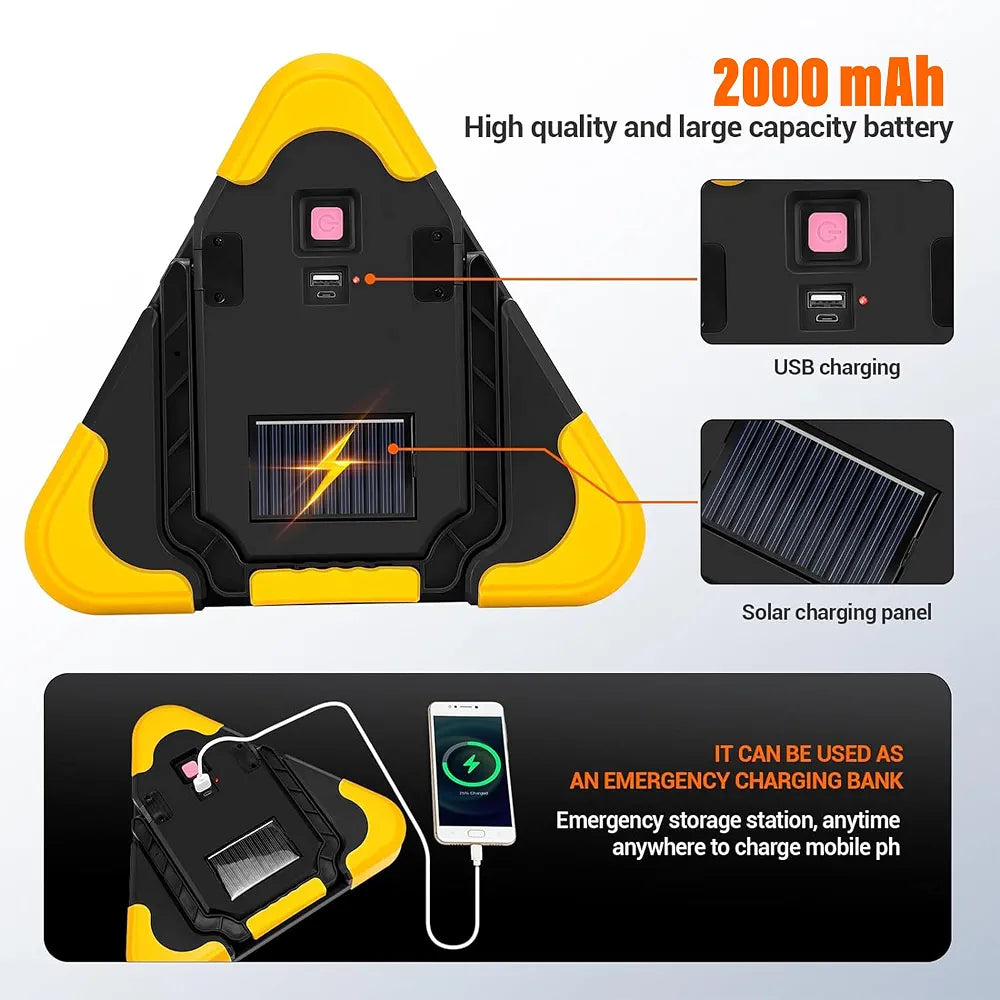 Solar LED Car Warning Light, 2000mAh Solar Powered Car Warning Triangles with 4 Lighting Modes, Waterproof USB Rechargeable Emergency Roadside Lights for Traffic Warnings Roadblocks Field Rescue