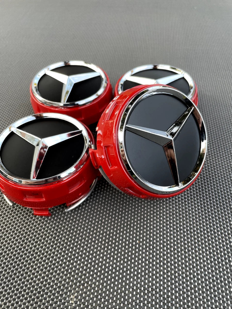 MERCEDES BENZ SET OF 4 BLACK - RED OUTLINED 75 mm Red And Black Wheel Center Caps