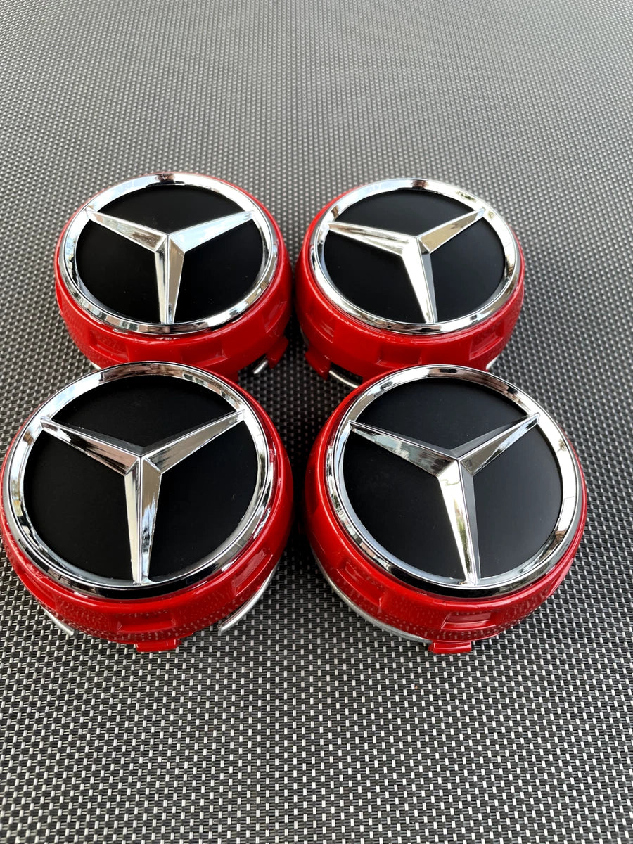MERCEDES BENZ SET OF 4 BLACK - RED OUTLINED 75 mm Red And Black Wheel Center Caps