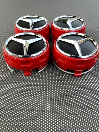 MERCEDES BENZ SET OF 4 BLACK - RED OUTLINED 75 mm Red And Black Wheel Center Caps