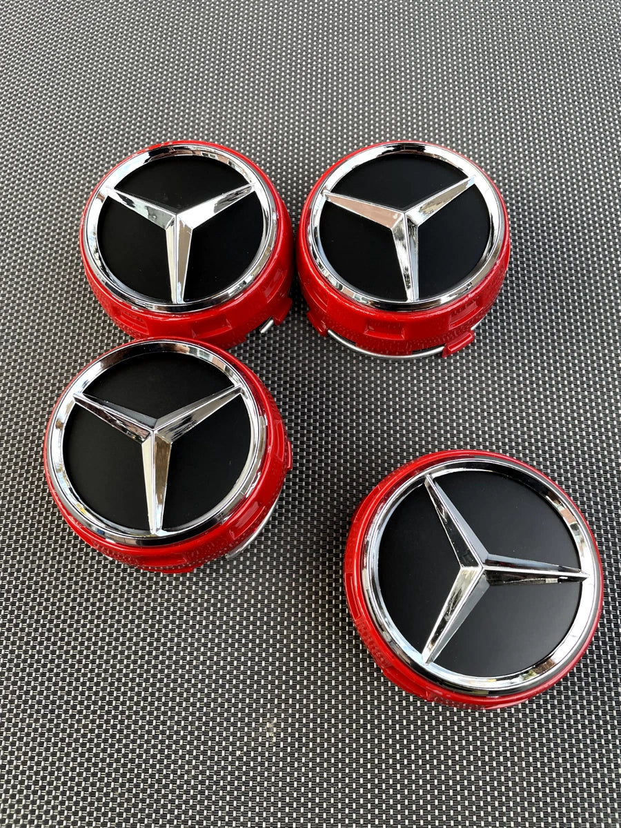 MERCEDES BENZ SET OF 4 BLACK - RED OUTLINED 75 mm Red And Black Wheel Center Caps
