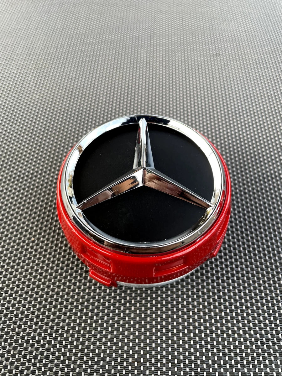 MERCEDES BENZ SET OF 4 BLACK - RED OUTLINED 75 mm Red And Black Wheel Center Caps