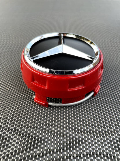 MERCEDES BENZ SET OF 4 BLACK - RED OUTLINED 75 mm Red And Black Wheel Center Caps