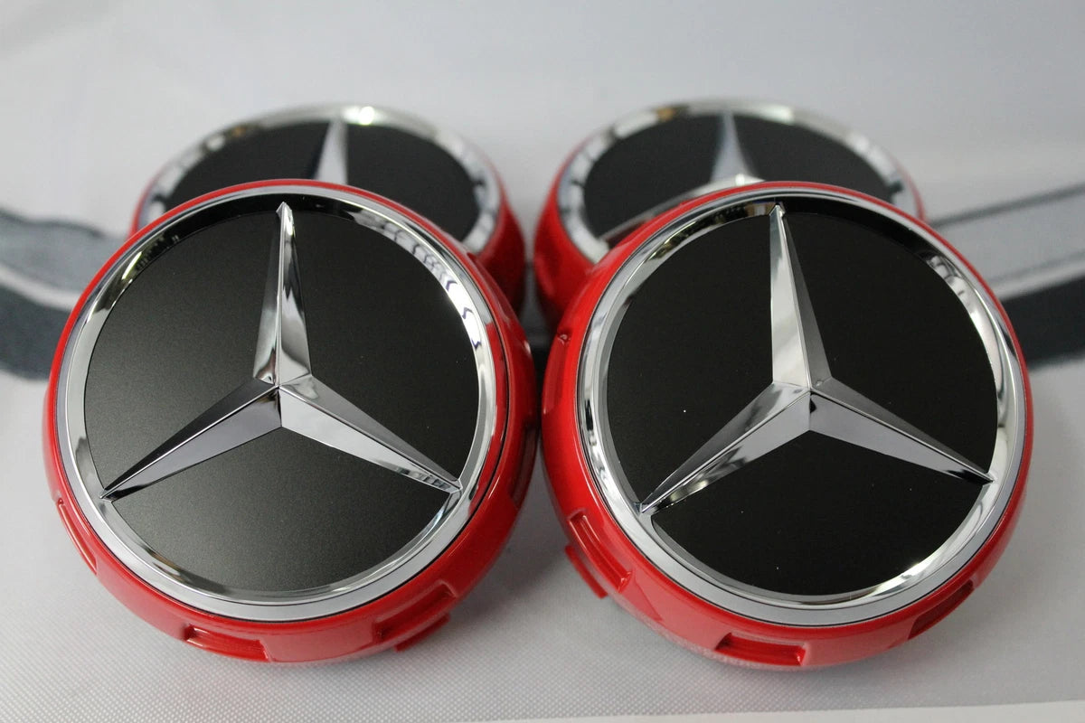 MERCEDES BENZ SET OF 4 BLACK - RED OUTLINED 75 mm Red And Black Wheel Center Caps