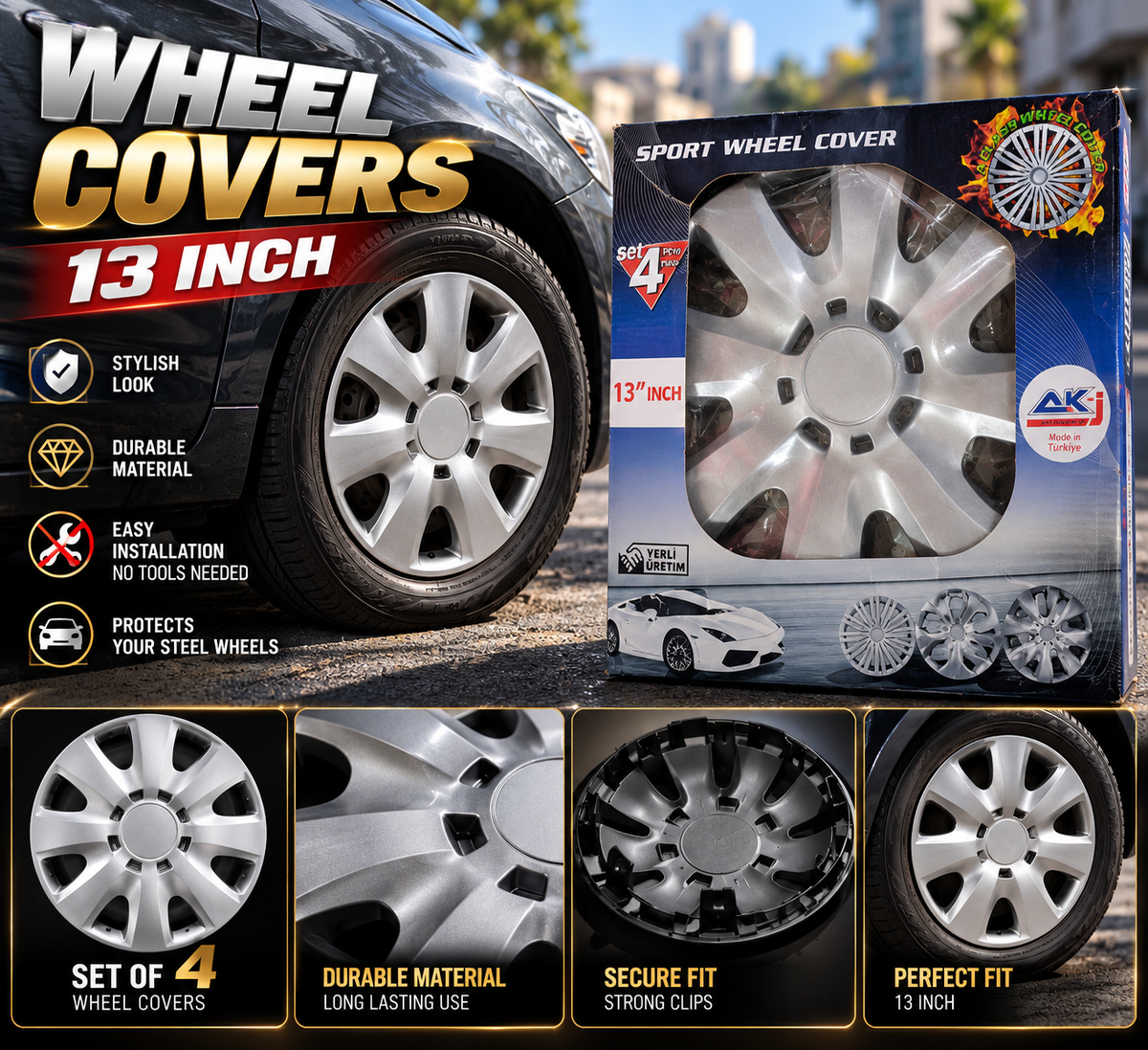 13-Inch Silver Sport Wheel Covers – Set of 4 | Made in Türkiye