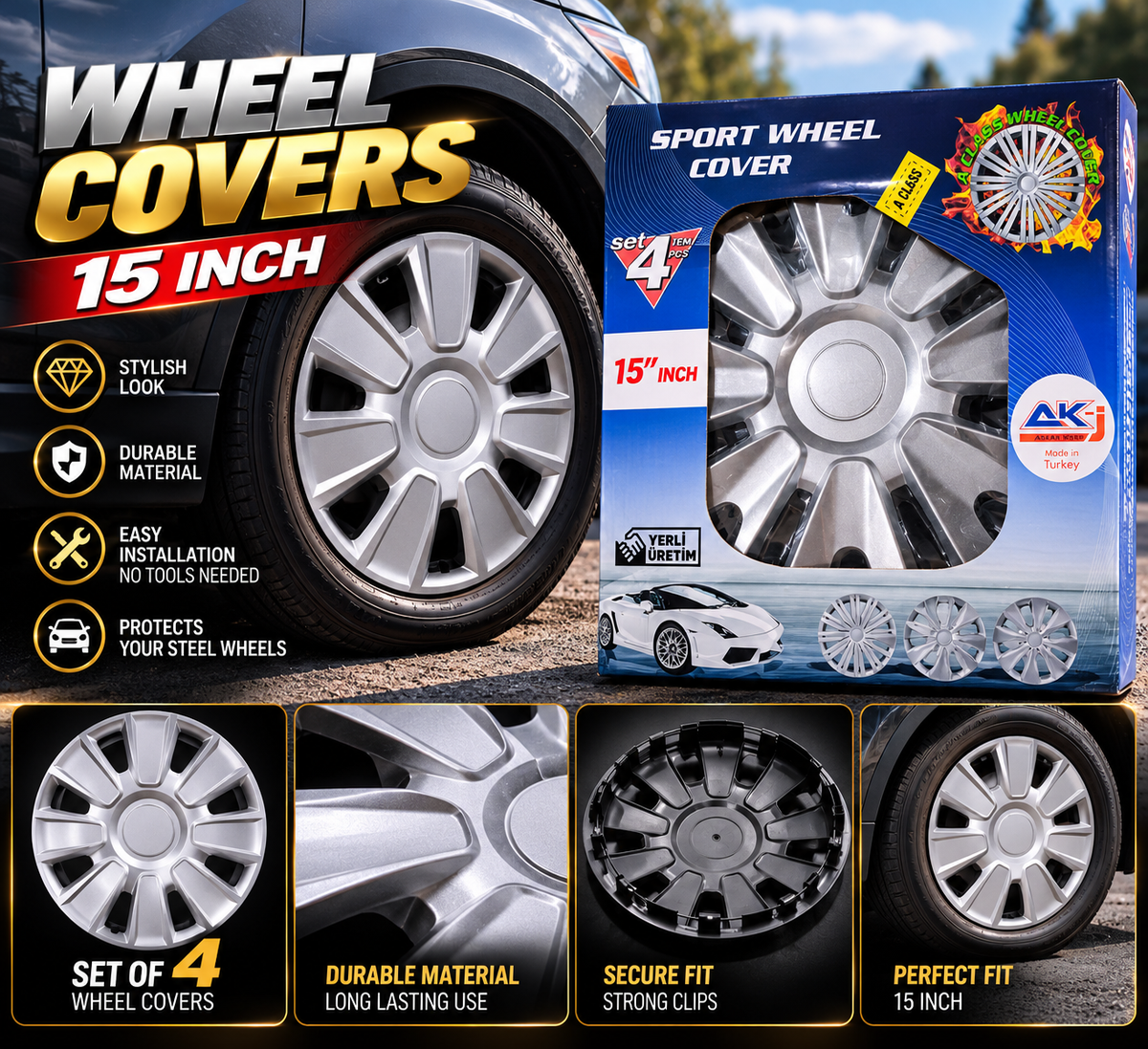 15-Inch Silver Sport Wheel Covers – A Class | Set of 4 – Made in Turkey