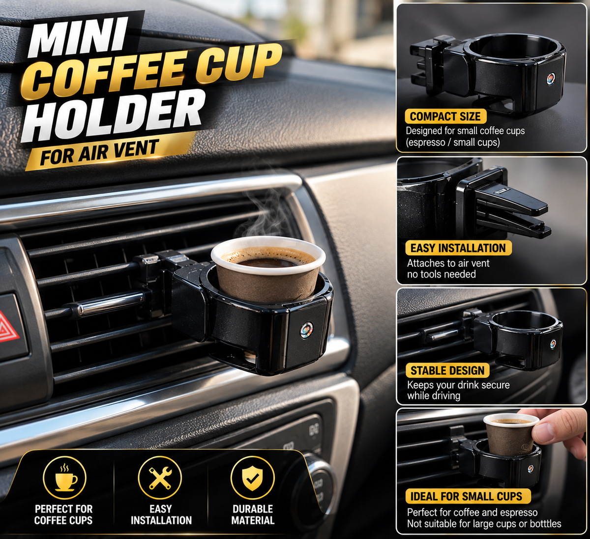 Mini Car Coffee Cup Holder – Air Vent Mount (Black)