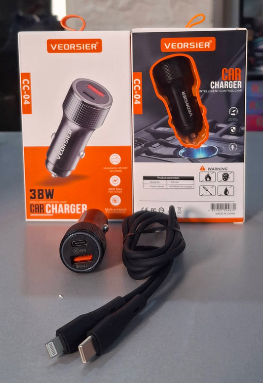 VEORSIER CC-04 Car Charger – 38W Fast Charge, USB & Type-C Ports + Lightning Cable (iPhone)