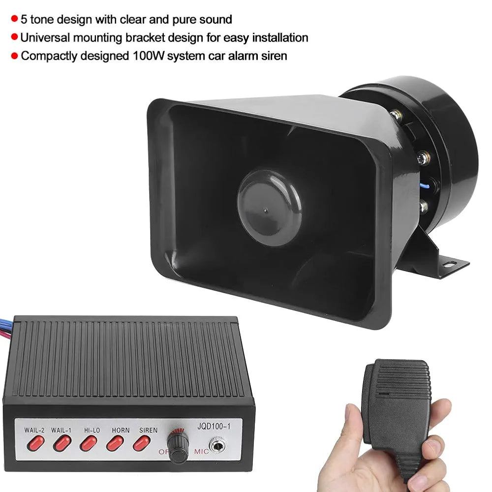 12V 100W 5 Sounds Loud Electronic Safety Horn, Car Warning Alarm with 5 Tones Loud Speaker, Siren Safety Horn Warning Speaker for Vehicles