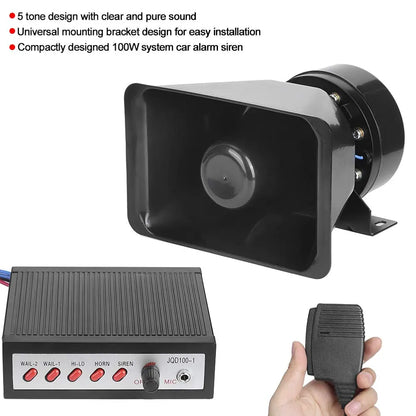 12V 100W 5 Sounds Loud Electronic Safety Horn, Car Warning Alarm with 5 Tones Loud Speaker, Siren Safety Horn Warning Speaker for Vehicles