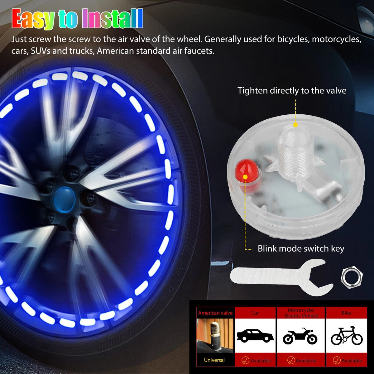 4x Solar Auto Flash LED Car Wheel Hub Tire Tyre Air Valve Cap Light Lamp 15 Mode