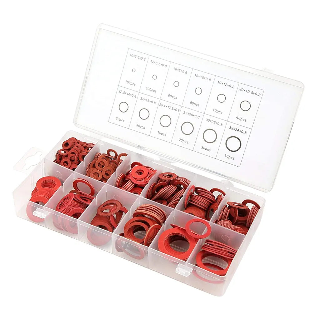 600 Pcs 12 Sizes Red Steel Paper Fiber Washers, Insulation Tray Mixed with Plastic Box (600pcs)
