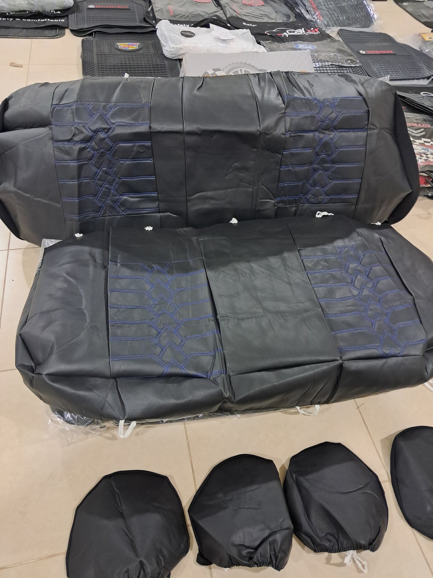 Universal black And Blue Full Car Seat Cover Set – Premium Leather Design with Foam Padding (Complete Interior Protection)
