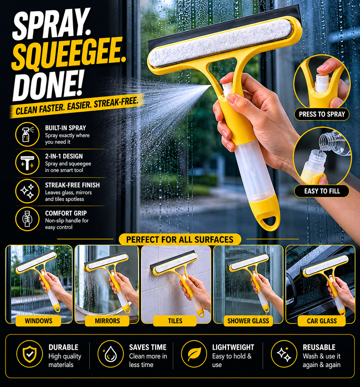 3 in 1 Water Spraying Window Wiper, Efficient Portable Cleaning Squeegee for Mirror, Tile, Shower, and Glass Material