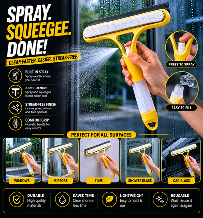 3 in 1 Water Spraying Window Wiper, Efficient Portable Cleaning Squeegee for Mirror, Tile, Shower, and Glass Material