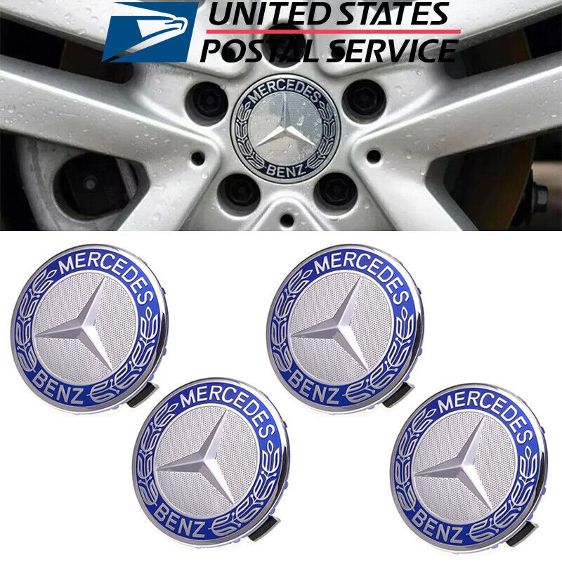 Set of 4 75MM Wheel Center Caps Hubcaps for Mercedes-Benz AMG Wreath Light Blue