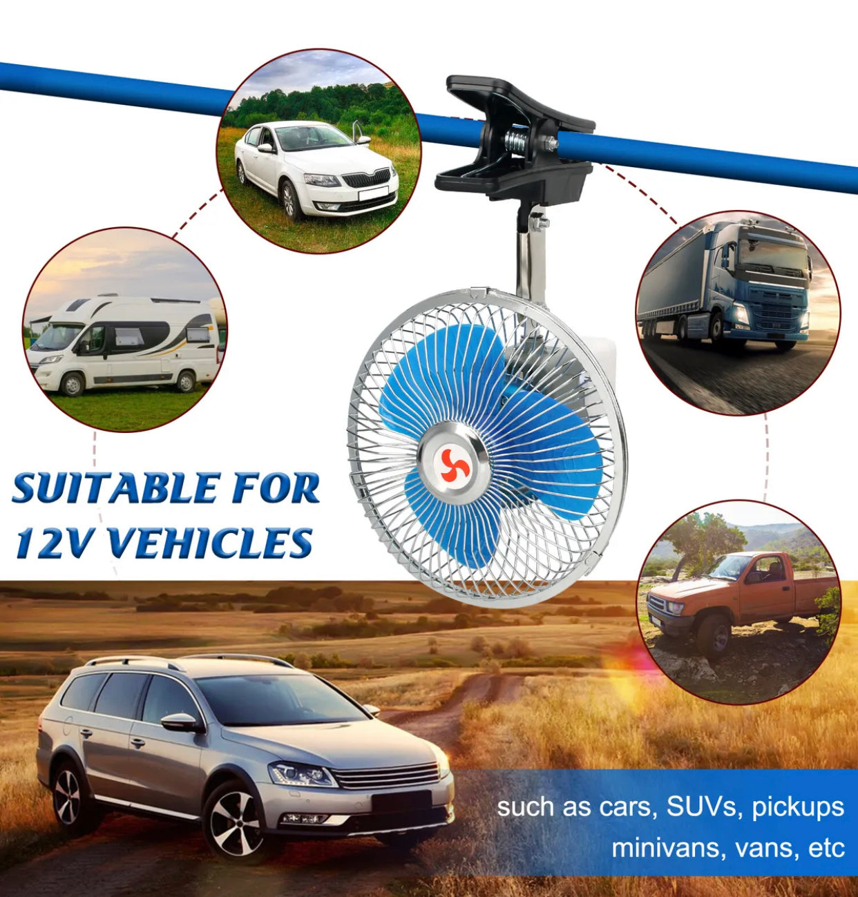 20.8 cm 8 Inch 12V Car Oscillating Fan Vehicle Auto Car Fan with Clip Cigarette Lighter Plug