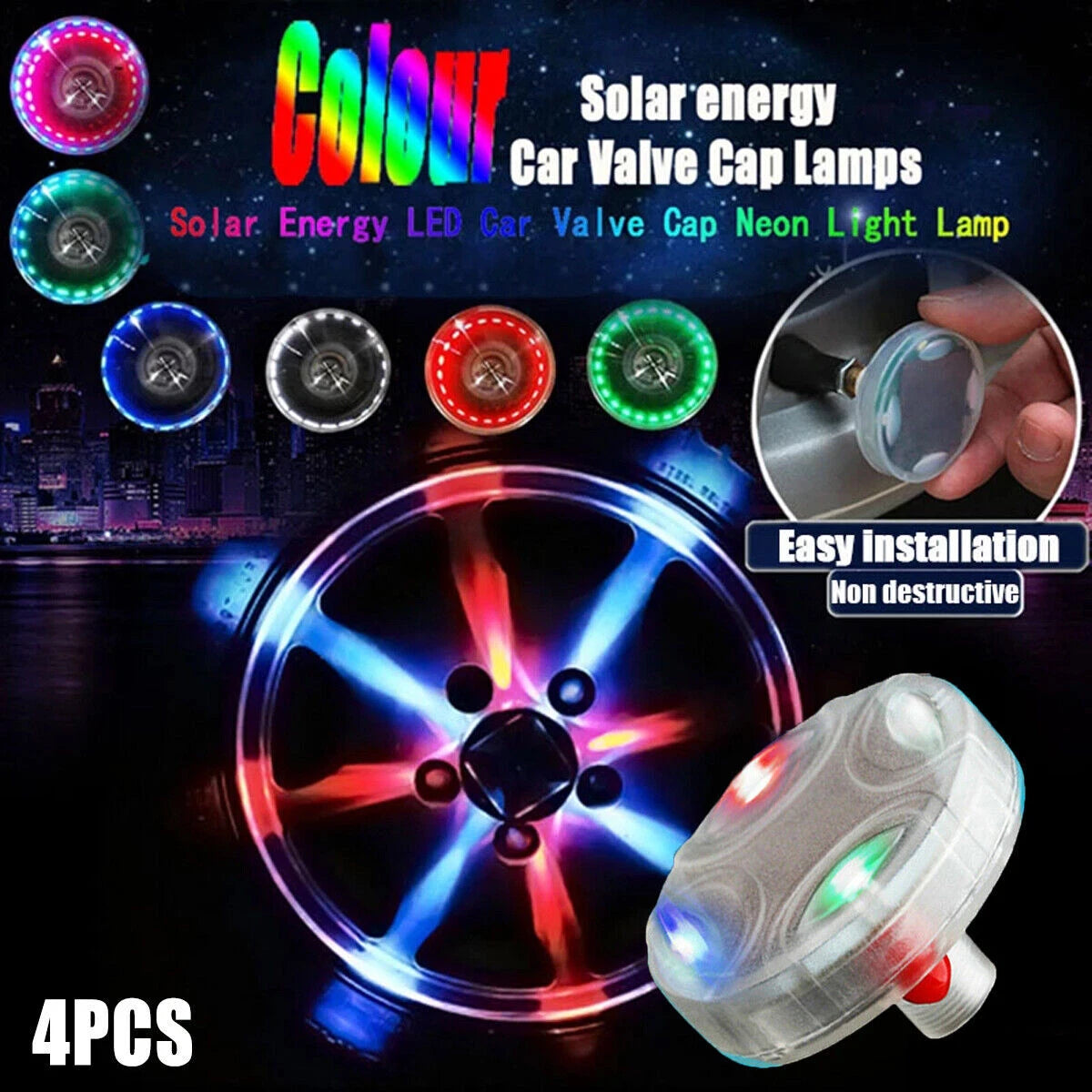4x Solar Auto Flash LED Car Wheel Hub Tire Tyre Air Valve Cap Light Lamp 15 Mode