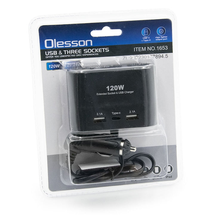 3-Socket Cigarette Lighter Adapter with 2 USB Ports