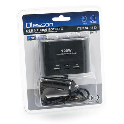 3-Socket Cigarette Lighter Adapter with 2 USB Ports