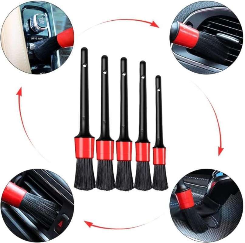 Detailing Brush Set -5 Different Sizes Premium Natural Boar Hair Mixed Fiber Plastic Handle Automotive Detail Brushes for Cleaning Wheels, Engine, Interior, Air Vents, Car, Motorcy