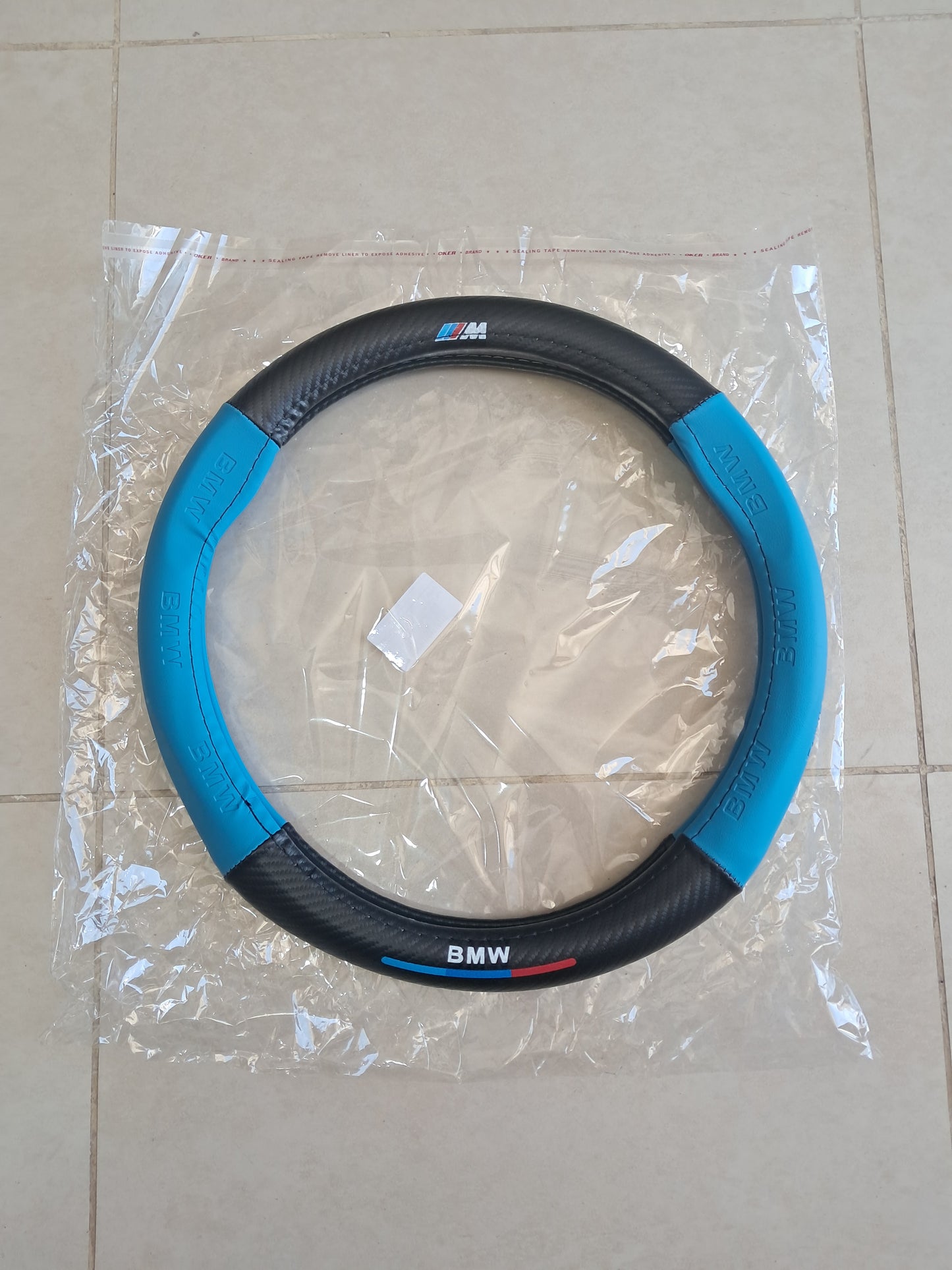 BMW Black And Blue Carbon Fibre+PU Leather Steering Wheel Cover