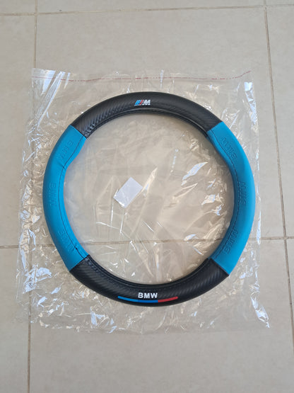 BMW Black And Blue Carbon Fibre+PU Leather Steering Wheel Cover