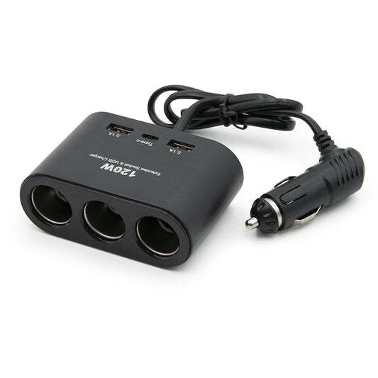 3-Socket Cigarette Lighter Adapter with 2 USB Ports