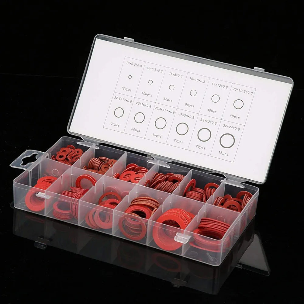 600 Pcs 12 Sizes Red Steel Paper Fiber Washers, Insulation Tray Mixed with Plastic Box (600pcs)