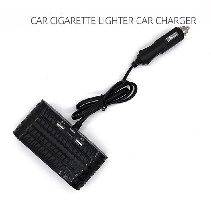 Car Charger 4 Cigarette Lighter Sockets 2 USB + 1 Type-C Charging Adapter