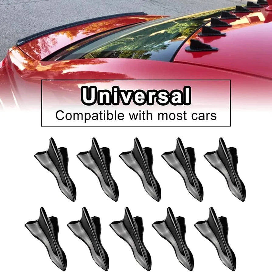Air Vortex Generator Diffuser Shark Fin 10pcs Set Kit Compatible with Spoiler Roof Wing Pointed End Style Black