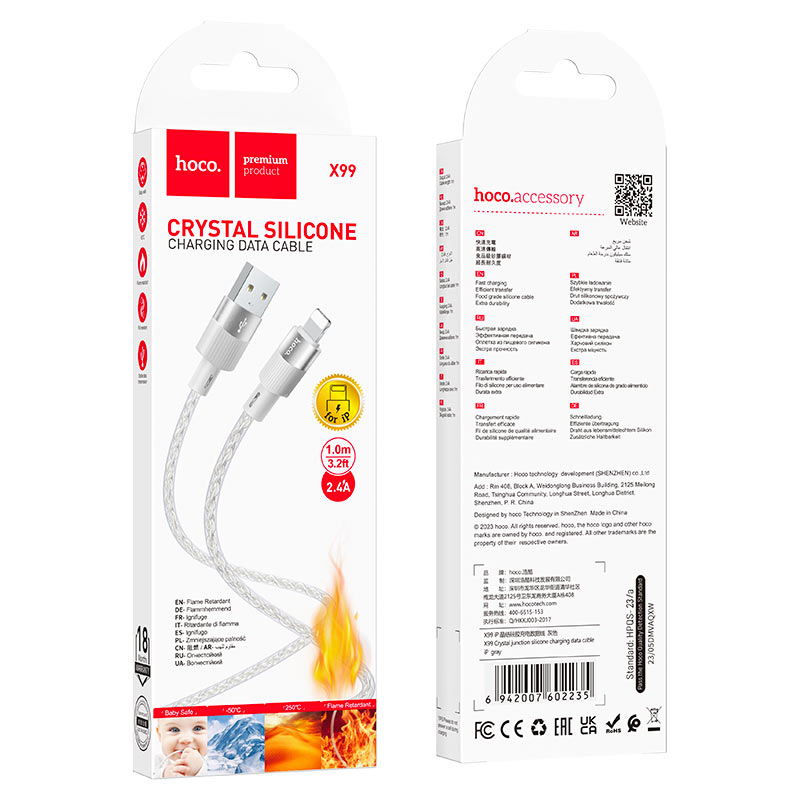 HOCO X99 Crystal Silicone USB to Lightning Cable – 2.4A Fast Charging, 1M Durable Transparent Design