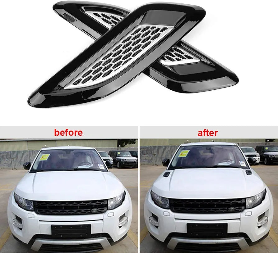 Hood Vents, Exterior Hood Air Vent Outlet Wing Trim (Black & Silver)