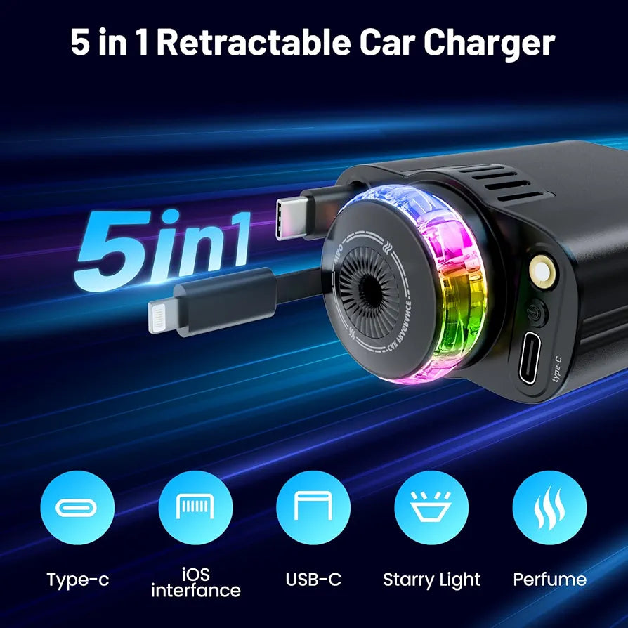 Starlight Car Charger,45W Fast Charging Adapter,5 in 1 Retractable Starry Stars Projection Car Chargers,Charger Adapter Cars Aromatherapy Diffuser for Essential Oils, Cars USB Cable