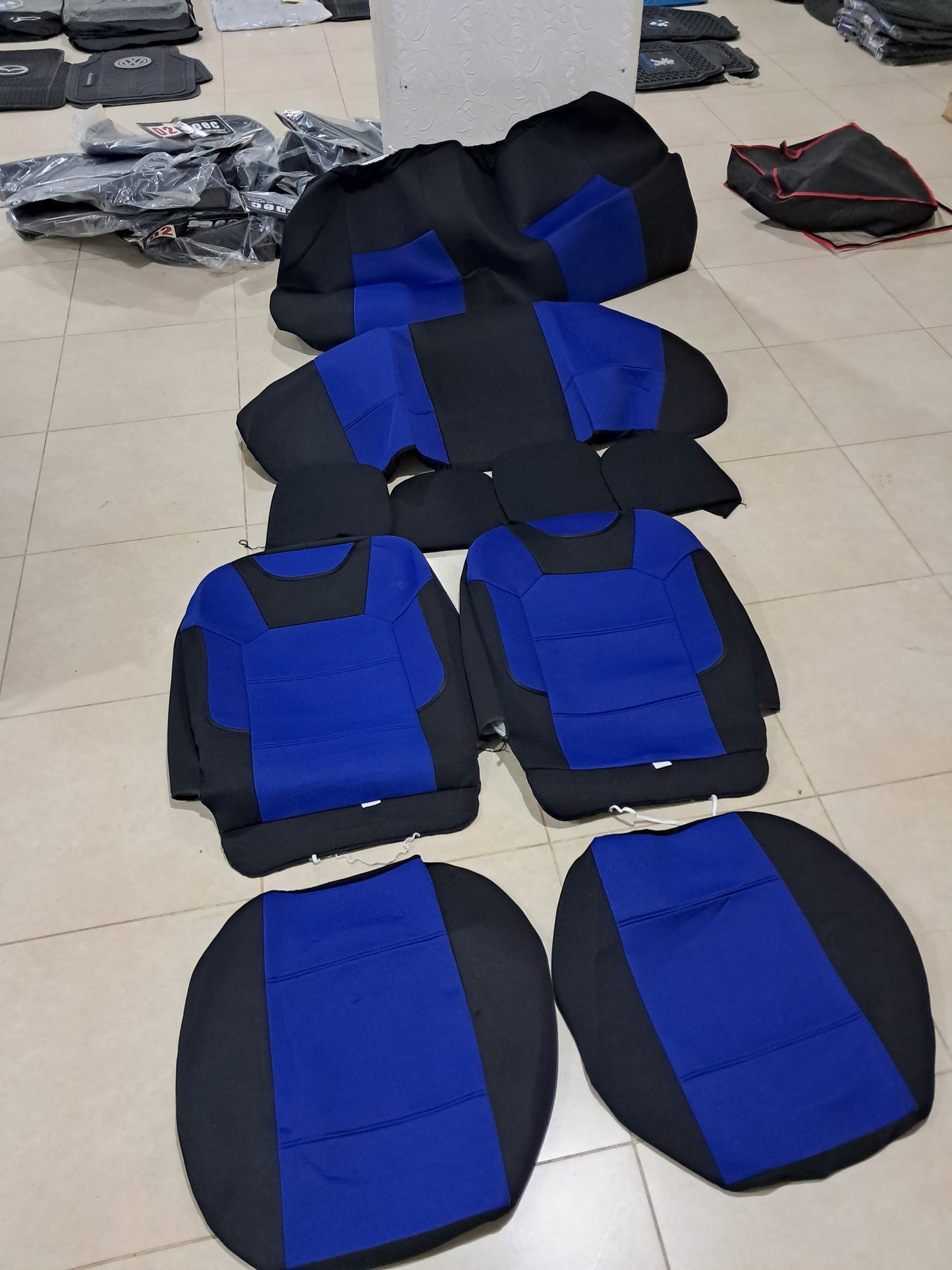 Universal Blue And Black Car Seat Cover Set – Fabric with Foam Padding (Full Set + 4 Headrest Covers)