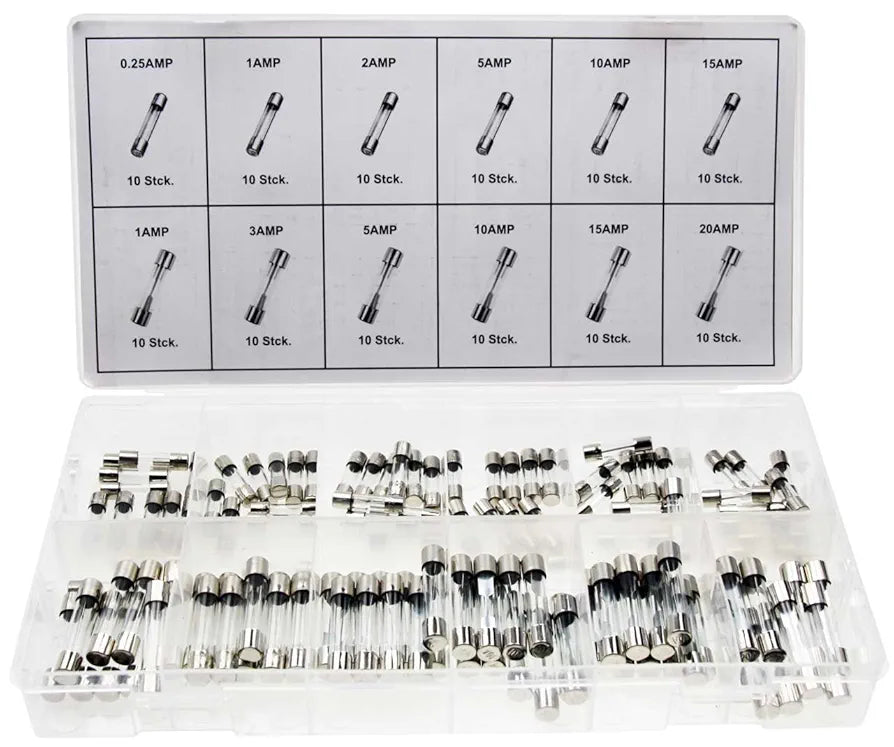 120 Glass Fuses 5A - 30A (Amper) Fuse Set Device Fuses Set Fine Fuses Assortment (in Reusable Storage Box/Assortment Box/Sorting Box)