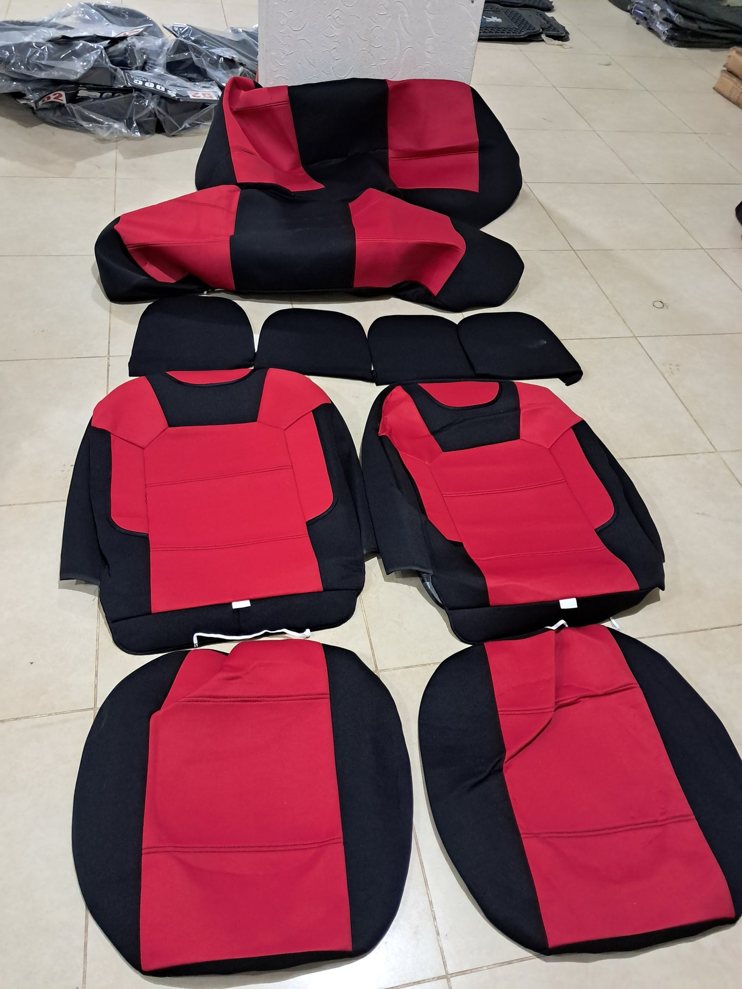 Universal Red And Black Car Seat Cover Set – Fabric with Foam Padding (Full Set + 4 Headrest Covers)