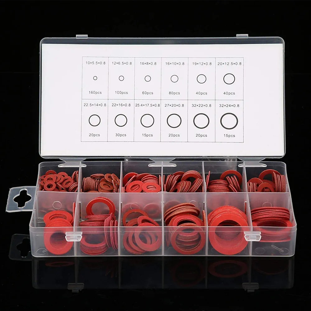 600 Pcs 12 Sizes Red Steel Paper Fiber Washers, Insulation Tray Mixed with Plastic Box (600pcs)