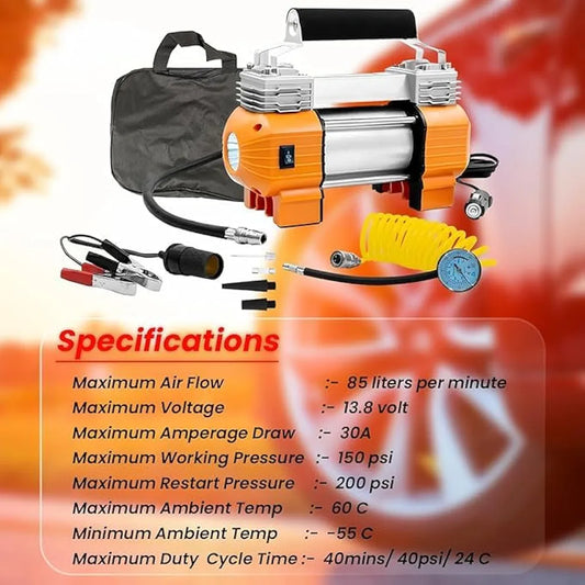 2 Cylinder Air Compressor with Light, 150 PSI Max Pressure, 12V, Portable with Dual Stainless Steel Cylinders,Built-in Thermal Overload Protection, Ideal for Off-Road Tires
