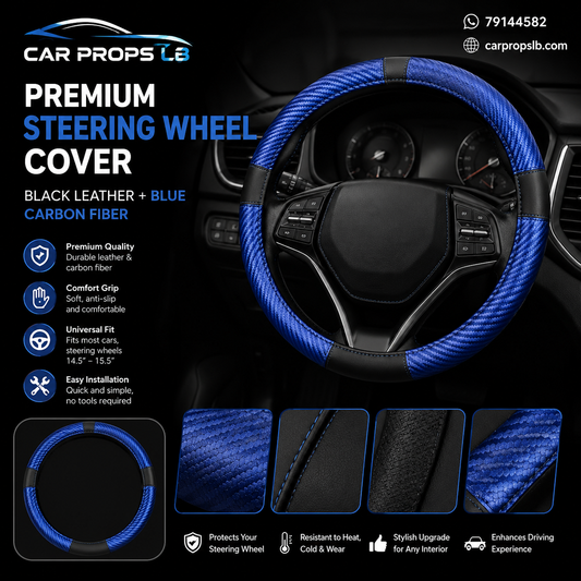 Universal Premium Steering Wheel Cover – Black Leather & Blue Carbon Fiber
