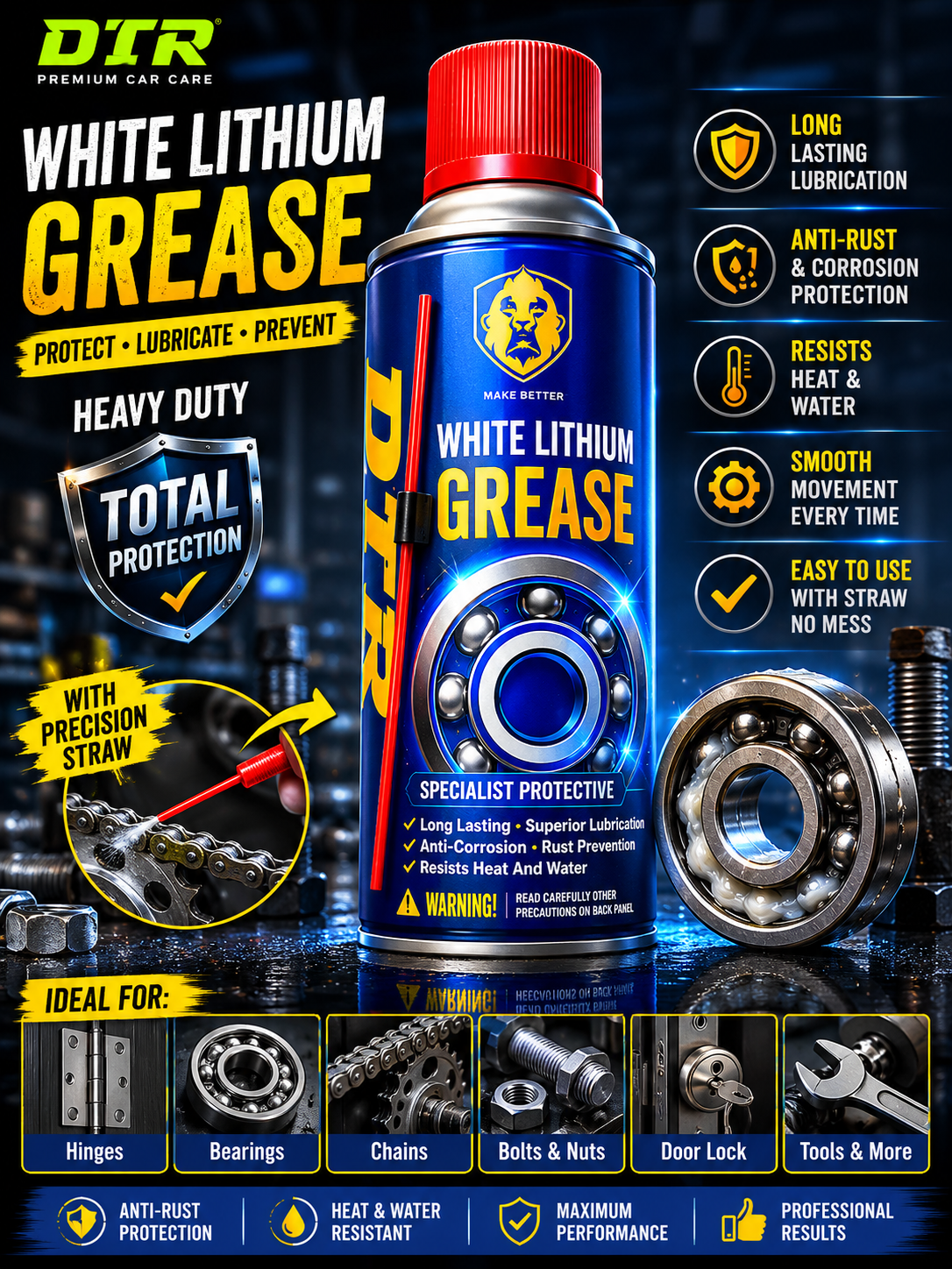 DTR White Lithium Grease Spray – Heavy Duty Lubricant & Anti-Rust Protection 400ML
